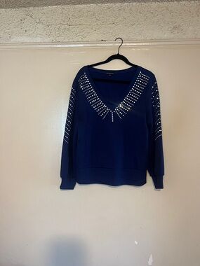 INC International Concepts Navy V-Neck Sweater with Stud Accents